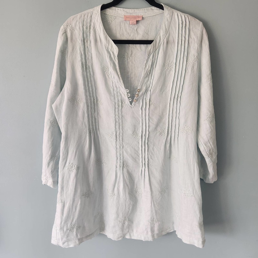 ST TROPEZ WEST Pale Aqua Linen Tunic - Size L